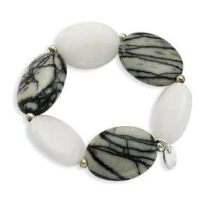   Silver White Jade & Zebra Jasper Stretch Scarf Accessory: Jewelry