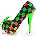 New Multi Coloured Check Tartan Bow Green Platform Shoe