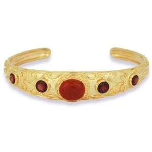  18k Gold Over Sterling Silver Garnet and Red Jade Cuff 
