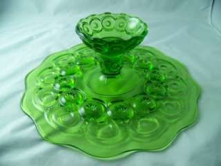 SMITH GLASS CO MOON AND STAR ANTIQUE GREEN LOW CAKE PLATE # 4202 