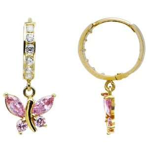  14K Yellow Gold Light Pink CZ Butterfly Huggy Earrings 