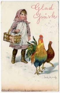   Greetings Postcard Girl w/ Basket of Eggs Walking Chickens  