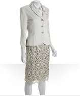 Tahari ASL ivory sateen three button bow lapel crocheted lace skirt 