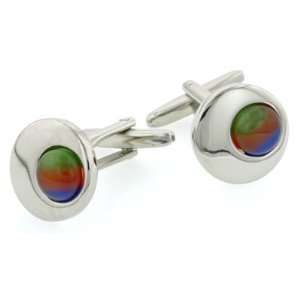 Imaginatively styled cufflinks with a multi coloured catseye accent 