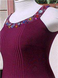 New NWT $118 CACHE Large Jeweled Purple Knit Ribbed Tank Top in Medium 
