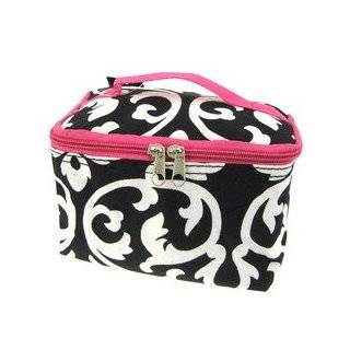 Cute! Cosmetic Makeup Bag Case Damask Print Hot Pink Trim Black White 