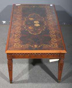 FRENCH WOOD INLAY COFFEE TABLE GLASS CARVED J5887  