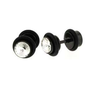  Black Anodized Stainless Steel Faux Plug   Clear CZ  16g 