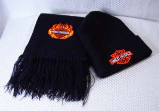   Davidson® knit hat and muffler black with flames and fringe bike cap