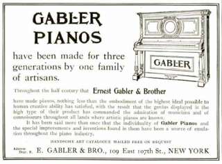 RARE 1905 AD FOR THE E. GABLER & BRO. PIANO COMPANY  