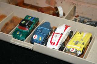 Slot Car Case with 5 slotcars wheels and misc. parts. Aurora ATLAS 