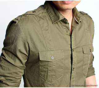 Mens Military Style Shirt / Slim Fit Casual Shirt / 100% Cotton Army 