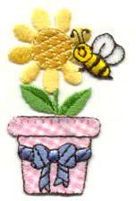 DAISY W/BUMBLE BEE & GINGHAM FLWER POT IRON ON APPLIQUE  