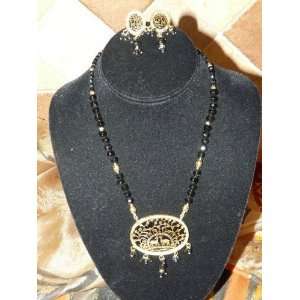  Gold Plated Black Beaded Thewa Necklace Set Ethnic Design 
