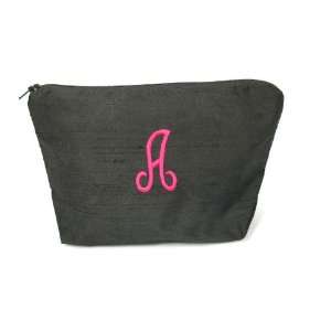  Embroidered Silk Dupioni Cosmetic Bag with A in Fuchsia Beauty