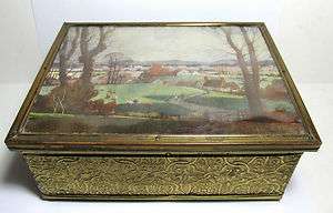 Vintage Embossed Brass Sewing/ Trinket/ Treasure Box With Silk Picture 