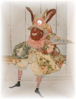 Primitive Folk Art Spring Easter Bunny Doll cabbage & banner PFATT 