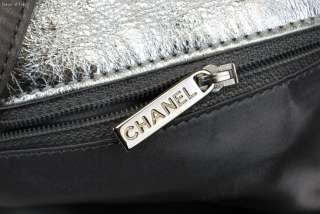 Auth CHANEL CC Large Shoulder Tote Hand Bag Metallic Silver Punched 