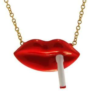 Enamel Lips with Dangling Cigarette Necklace In Red with Gold Finish 
