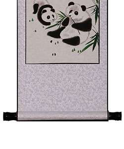 Pandas and Bamboo Chinese Art Wall Scroll Painting  