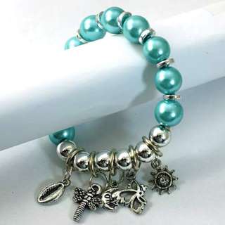   Blue Elastic Pearl Beads Dangle Charm Bracelet Fashion Jewelry  