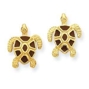  14K Brown Enameled Sea Turtle Post Earrings Jewelry