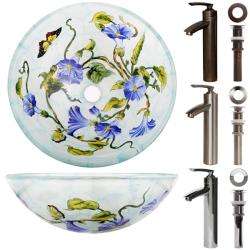   Glass Floral Pattern Bathroom Vessel Sink Faucet Combo  Overstock