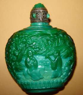   Perfume Glass Bottle GREEN Malachite Figures BRASS CAP W/ Rose  