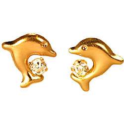 14k Gold Cubic Zirconia Childrens Dolphin Earrings  