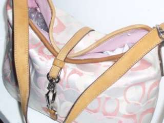 COACH White Pink Jacquard/Tan Leather Signature Shoulder Bag Handbag 