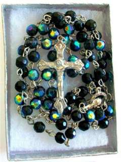 Black Faceted AB Crystal Glass Beads Cross Rosary Necklace 28