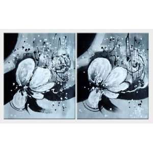  Two Canvas Black White Flower Paintings   2 Canvas Set Oil 