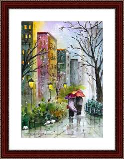 CITY FIRST SNOW  7X10 Original Watercolor by A.PRESS  