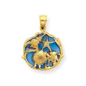    14k Gold Blue Stained Glassed Shell Cluster Pendant Jewelry