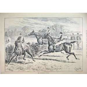  1890 Horses Jockey Jumping Fence Refusing Country Print 