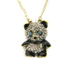 Panda Bear Necklace Crystal Cute Teddy Vintage Retro Black Gold 