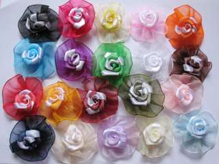 10 Satin Rose on Organza Ruffle Ribbon Flower RF083  