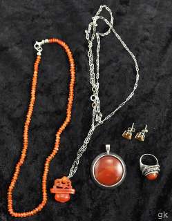 Pc Chinese Agate Carnelian Citrine Ring Necklace  
