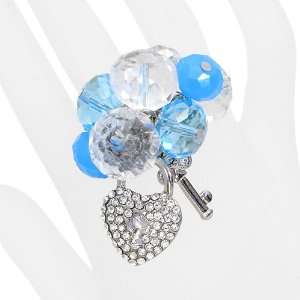  Crystal Cluster Pave Heart Key Stretch Ring Silver Blue 