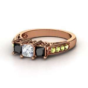 Three Stone Crown Ring, Princess Diamond 14K Rose Gold Ring with Black 