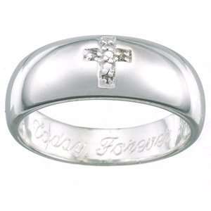  Sterling Silver Pave Diamond Cross Engraved Message Ring 