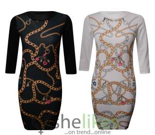   Dress Ladies Gold Chain Print Bodycon Tunic Dress Top 8 14  