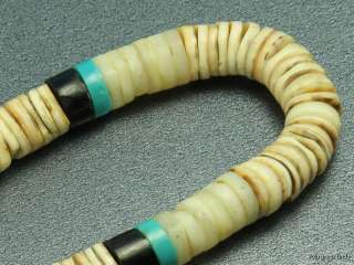   TRIBAL JET HEISHI TURQUOISE WHITE SHELL DISK BEAD NECKLACE  