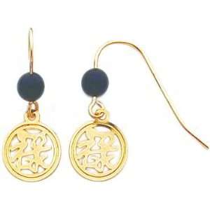  14K Gold Asian Symbol Onyx Bead Wire Earrings New Jewelry