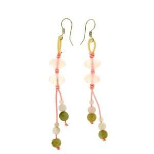 Double Center Rose Quartz Horizontal Oval Earrings Embellished with 