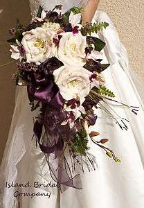 PURPLE IVORY WEDDING BOUQUET ORCHIDS ROSES CUSTOM DESIGN 16 PC  