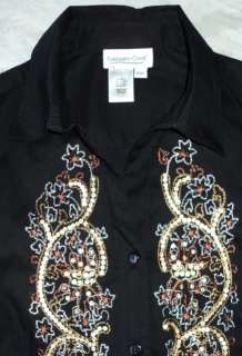 COLDWATER CREEK Black Paisley Gold Sequin Shirt Top PXS  
