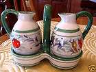 Vintage Ceramic Pottery 3 Pc Vinegar & Oil Cruet Set