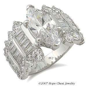   Rings   Sterling Silver Marquise Center Baguette Sides CZ Ring   Size