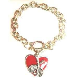  Tennis Crossed Racquet with Red Heart Chain Bracelet (Brand 